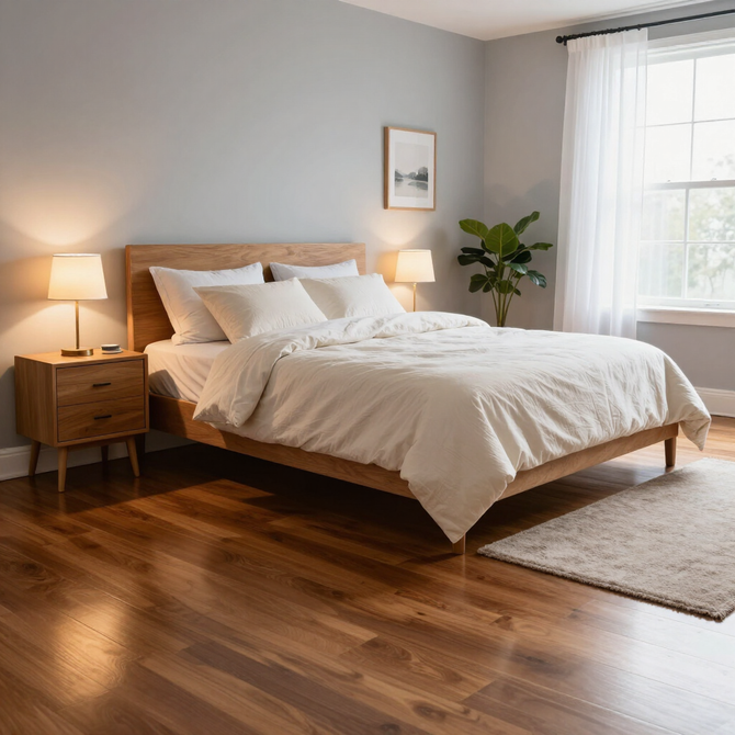 Bright modern bedroom with a made bed, wooden nightstand lamps, plant, and large window