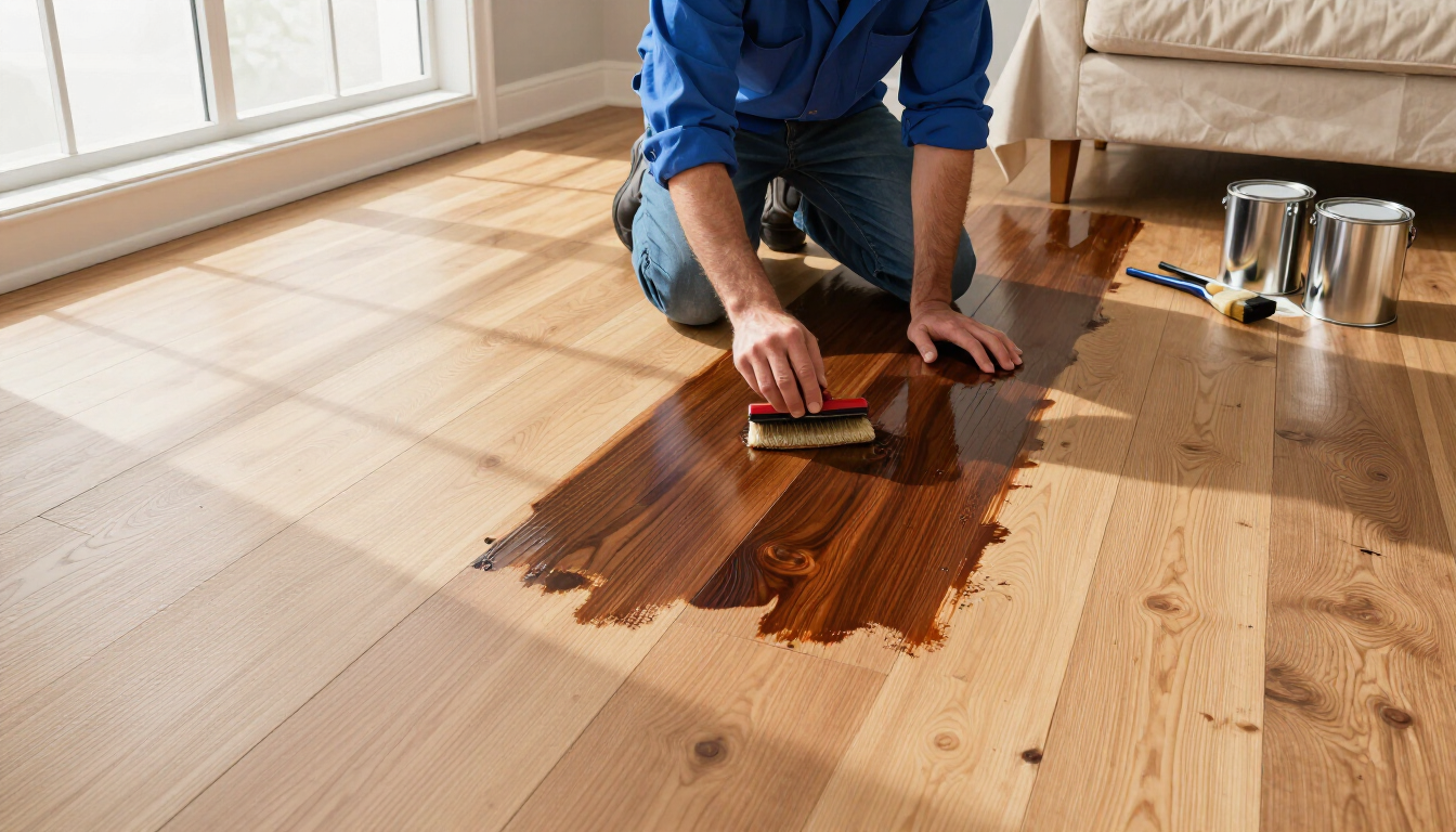 Person applying wood stain to a floor with a brush, next to cans in a bright room