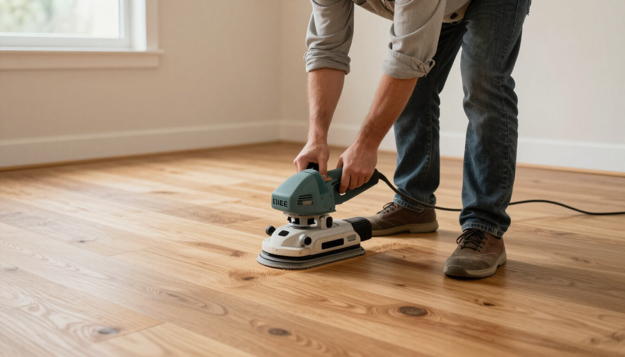 Worker spreading glossy floor coating with a roller in a room with reflective beige flooring