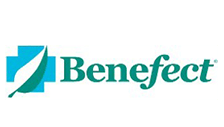 Benefect logo in teal and green text with abstract leaf icon