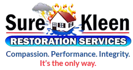 Sure-Kleen Restoration Services logo with fire-damaged house, blue slogan, and red tagline