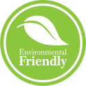 Green circular Environmental Friendly logo with white leaf and text