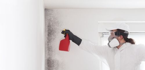 Person in protective gear sprays disinfectant on a wall using a red spray bottle