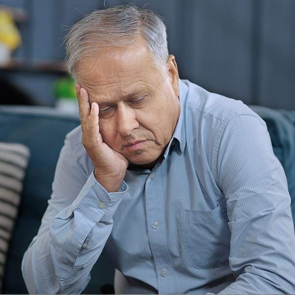 A very sick man with gray hair, hand on forehead, looking down, his Heavy Metal Poisoning is Left Untreated