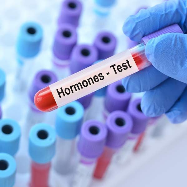Gloved hand holding blood sample labeled “Hormones-Test” among purple and blue test tubes