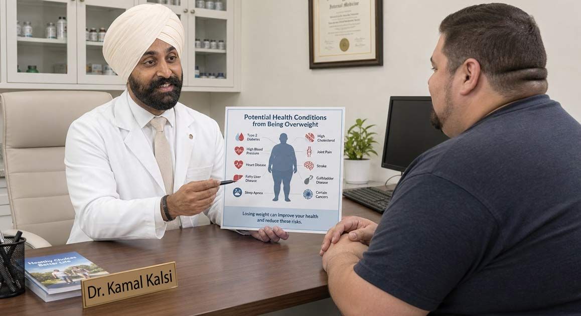 Dr. Kamal Kalsi shows an overweight patient potential health conditions without Medical Weight Loss NJ and NYC