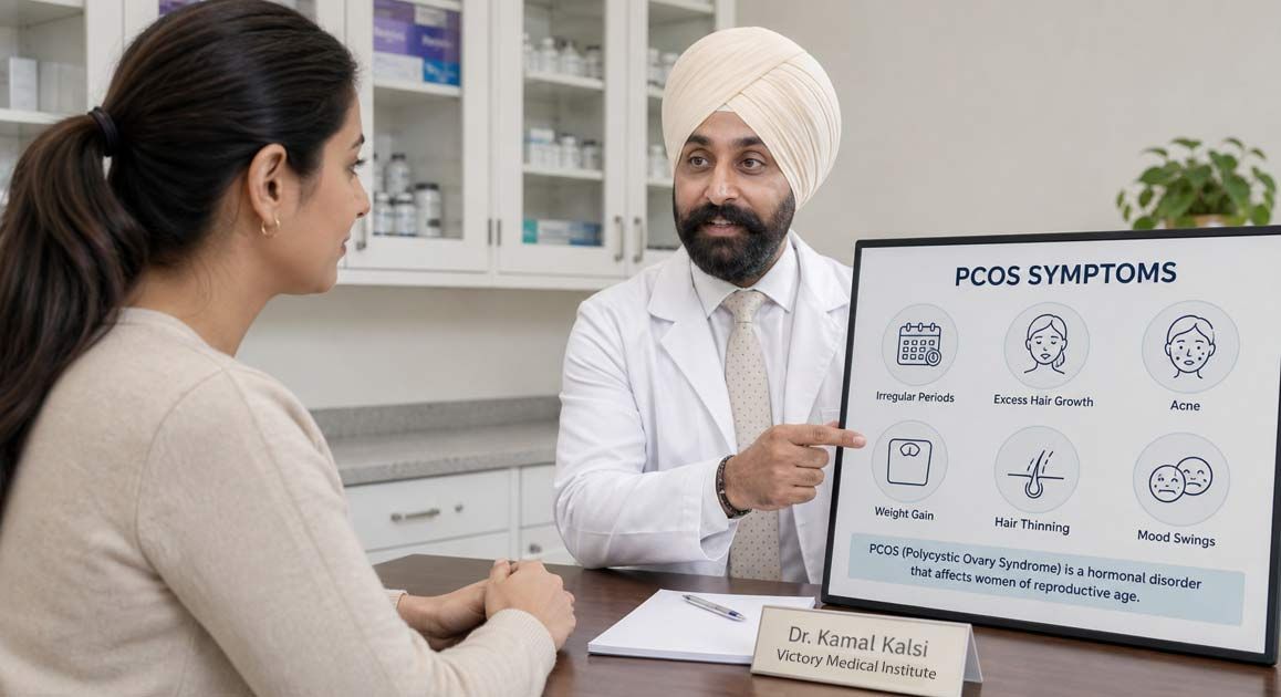 Dr. Kamal Kalsi is showing his female patient a chat of symptoms for Patients Seeking PCOS Treatment in NJ and NYC
