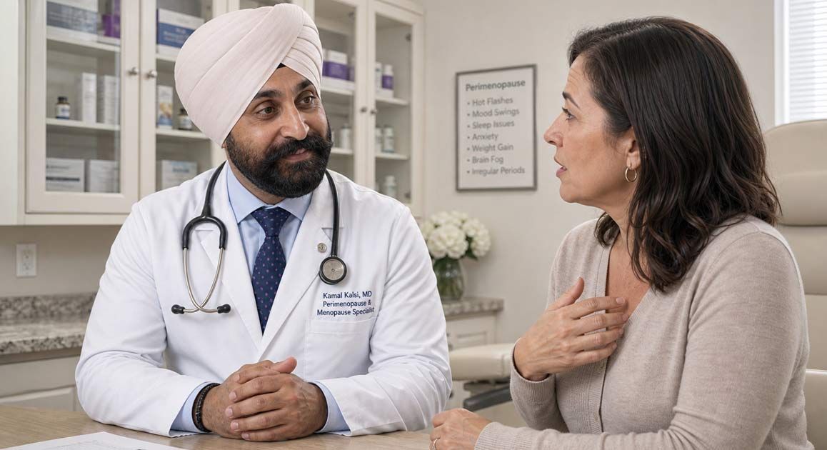 Dr. Kamal Kalsi listens to a patient explain her noticeable progress with perimenopause treatments