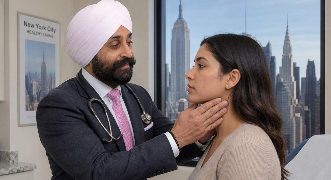 Dr Kamal Kalsi examines a patient participating in Thyroid Hormone Imbalance Treatments in a clinic with city skyline posters in the background.