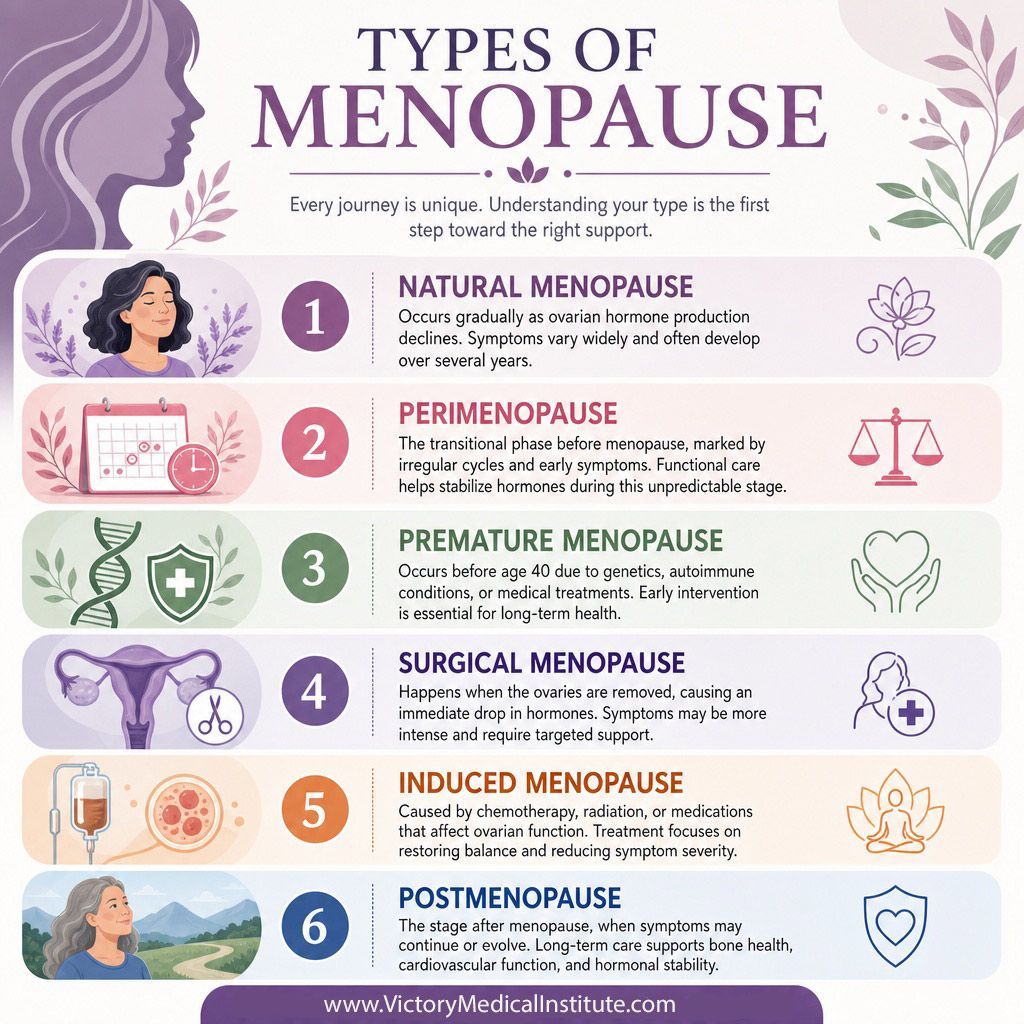 Infographic titled “Types of Menopause” with six labeled stages and simple medical icons on a purple background