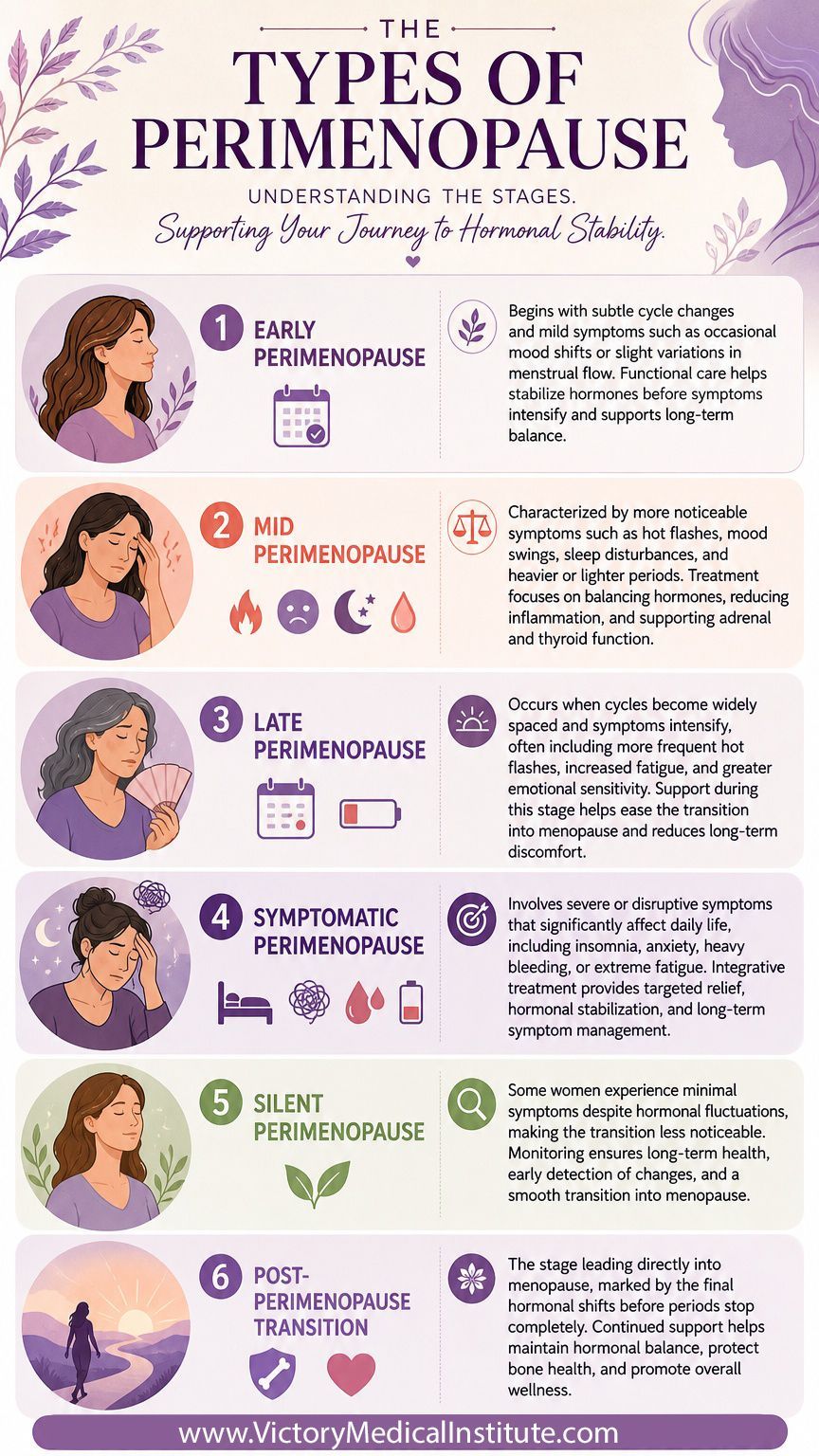 Click to Enlarge Infographic titled “Types of Perimenopause” with five color-coded sections and small women’s illustrations.