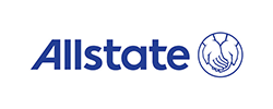 A blue allstate logo with a handshake in a circle on a white background.