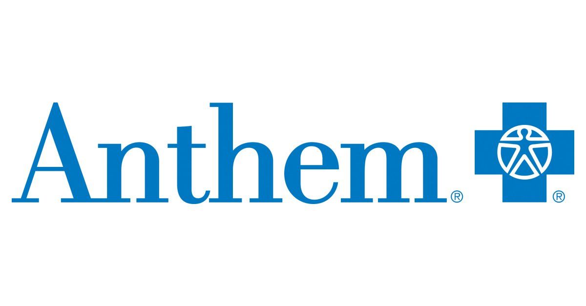 The anthem logo is blue and has a cross on it.