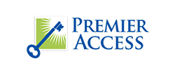 A blue and green logo for premier access with a key