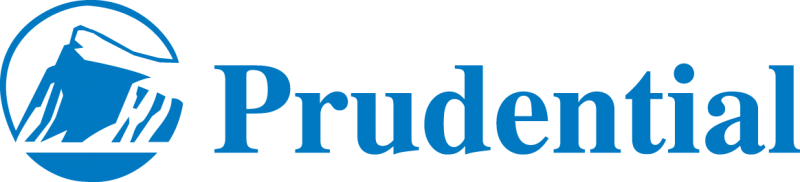 A blue and white logo for prudential with a mountain in the background.