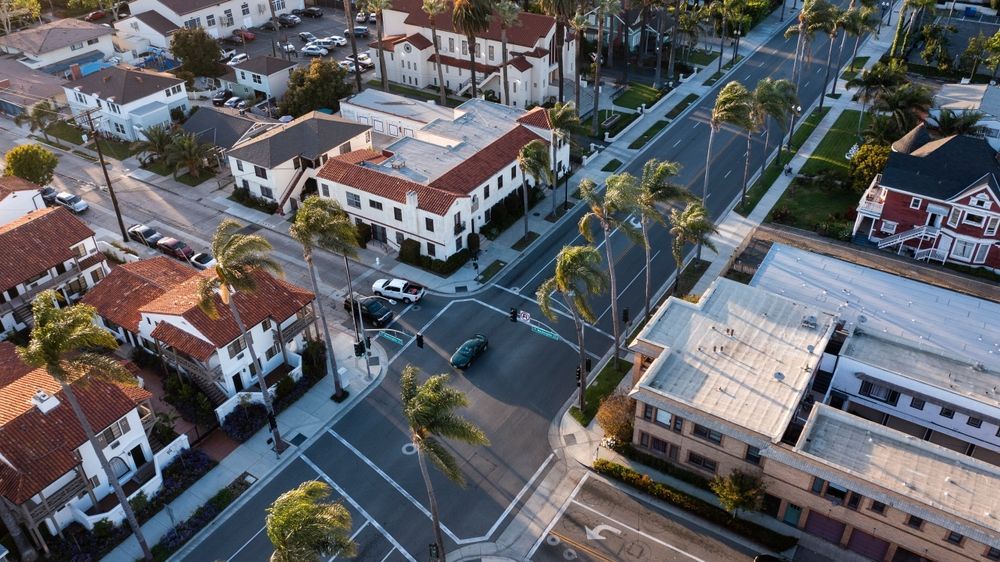Sunset view of the historic core of downtown Santa Ana, California, USA.