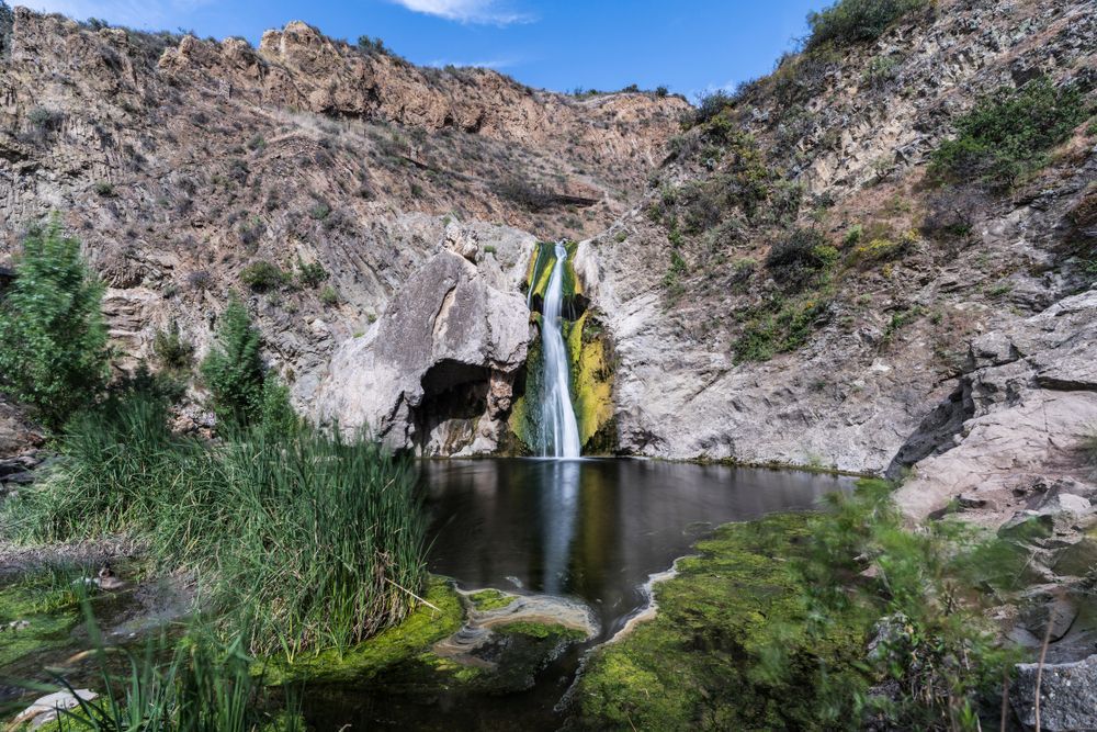 Paradise Falls with motion blur water at popular Wildwood Regional Park in Thousand Oaks, California.
