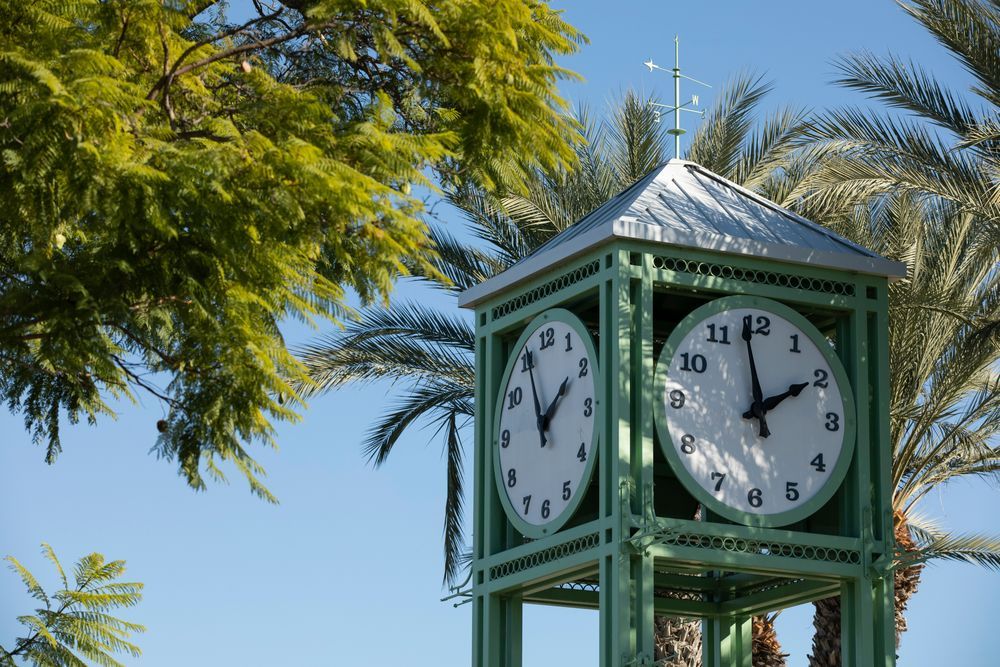 Day time view of the public clock tower in Garden Grove, California, USA.