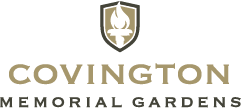 Covington Memorial Gardens logo with shield emblem and gold and black text