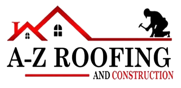 A-Z Roofing and Construction logo with red roof line, black text, and a roofer silhouette on the right