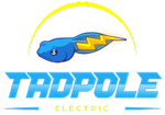 Tadpole Electric logo with blue lightning tadpole and yellow arc above the name