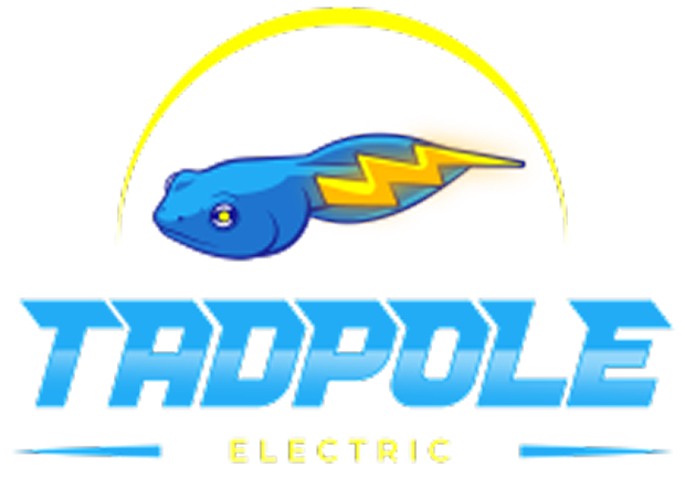 Tadpole Electric logo with blue lightning tadpole and yellow arc above the name