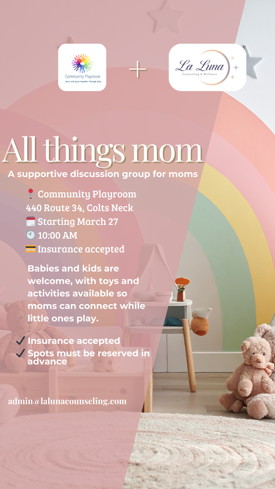 Pastel announcement flyer for a moms support group with rainbow, teddy bears, and event details on a pink background