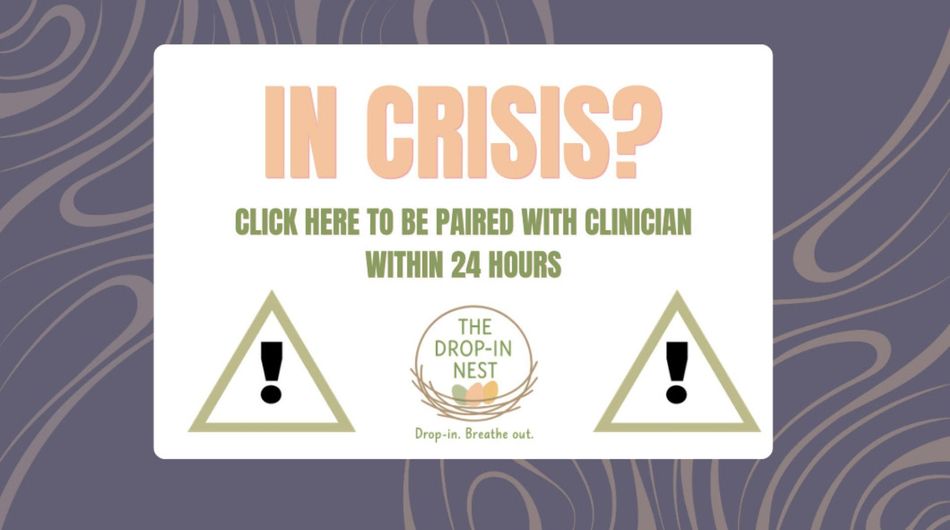“IN CRISIS?” clinic flyer with drop-in hours within 24 hours and warning triangle icons