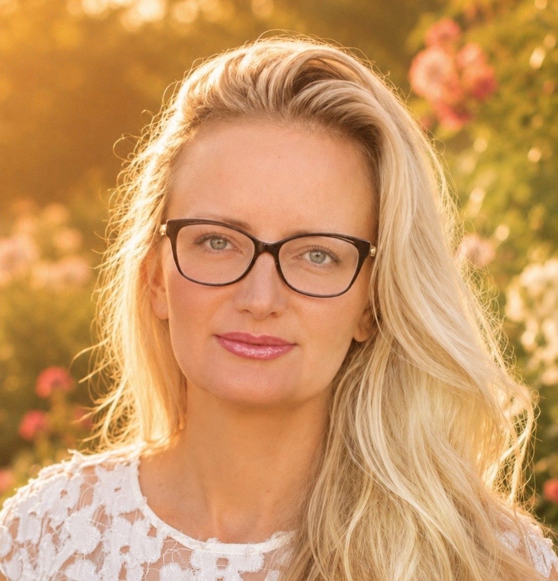 Portrait of a blonde woman with glasses in a sunlit garden, wearing a white lace top
