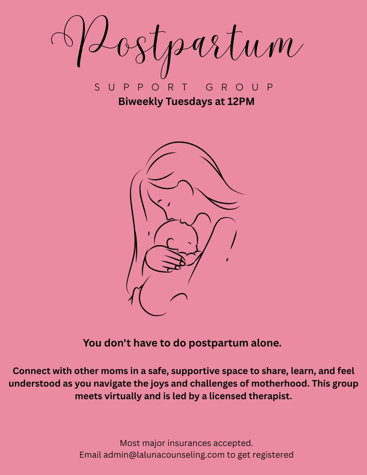 Pink poster for a postpartum support group, with mother holding baby and meeting details.
