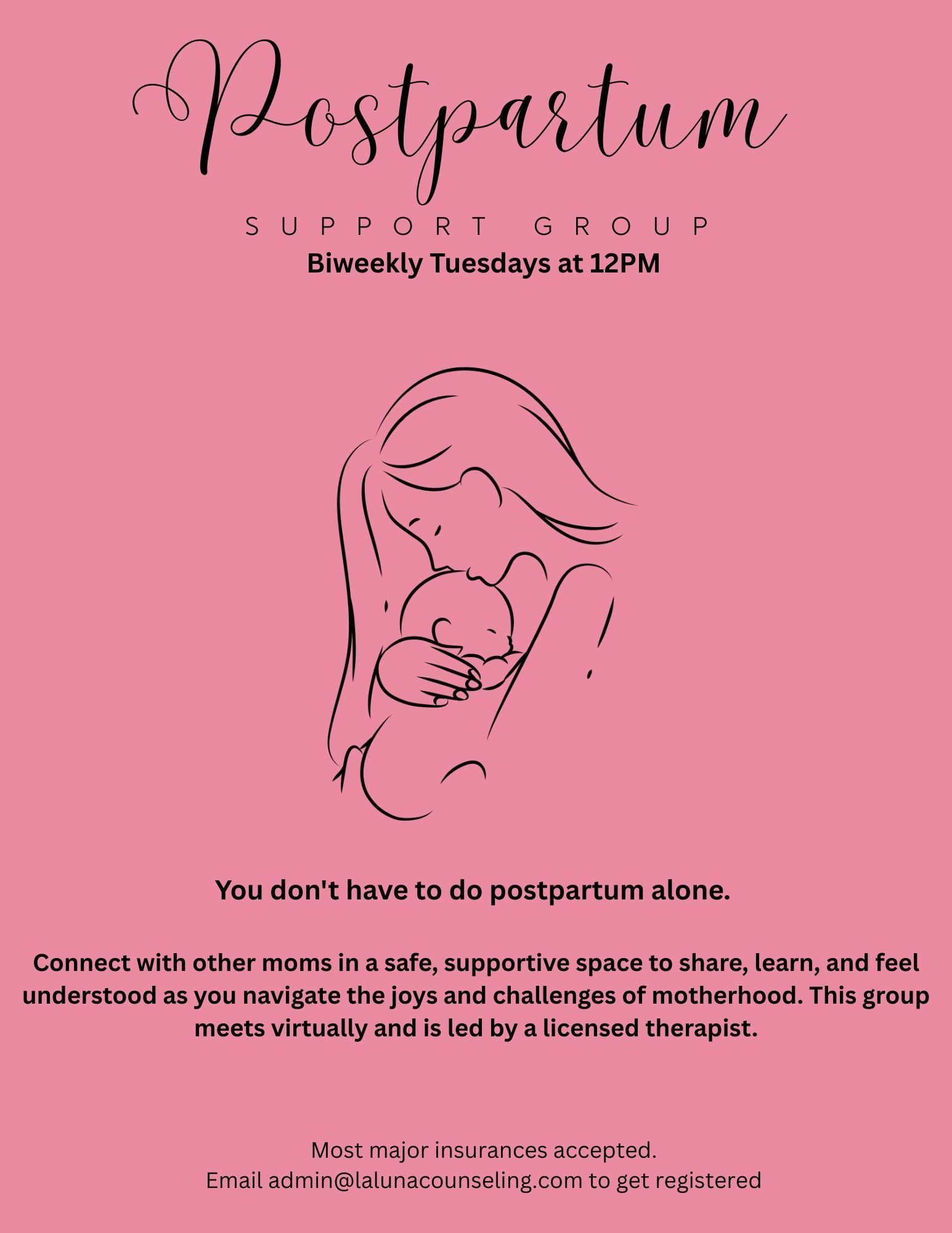 Pink poster for a postpartum support group with mother and baby illustration and meeting details