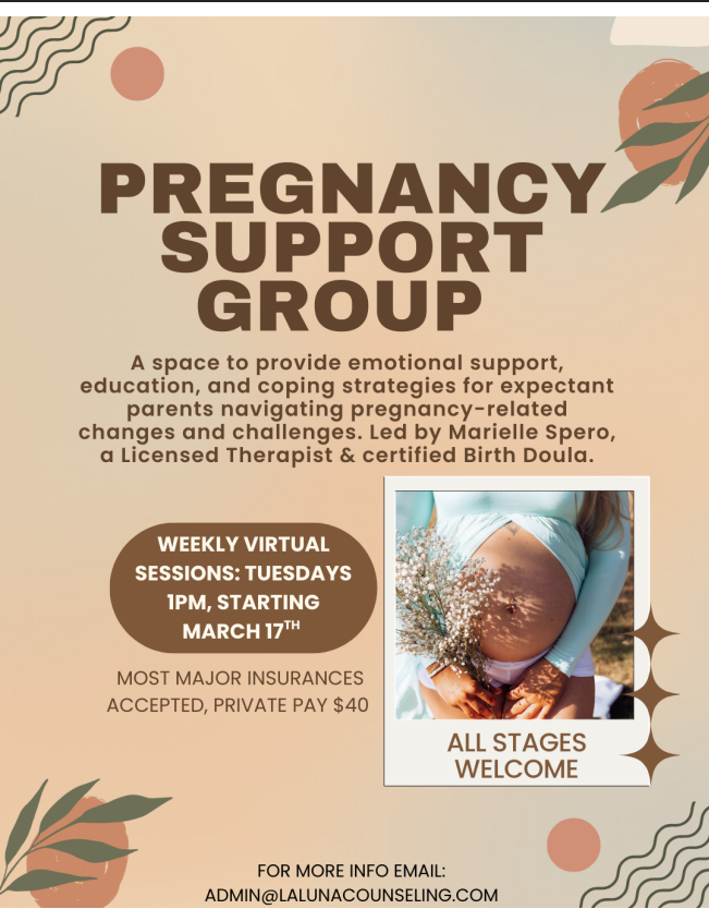 Pregnancy support group flyer with warm beige tones, weekly virtual Tuesday sessions, and a baby bump photo