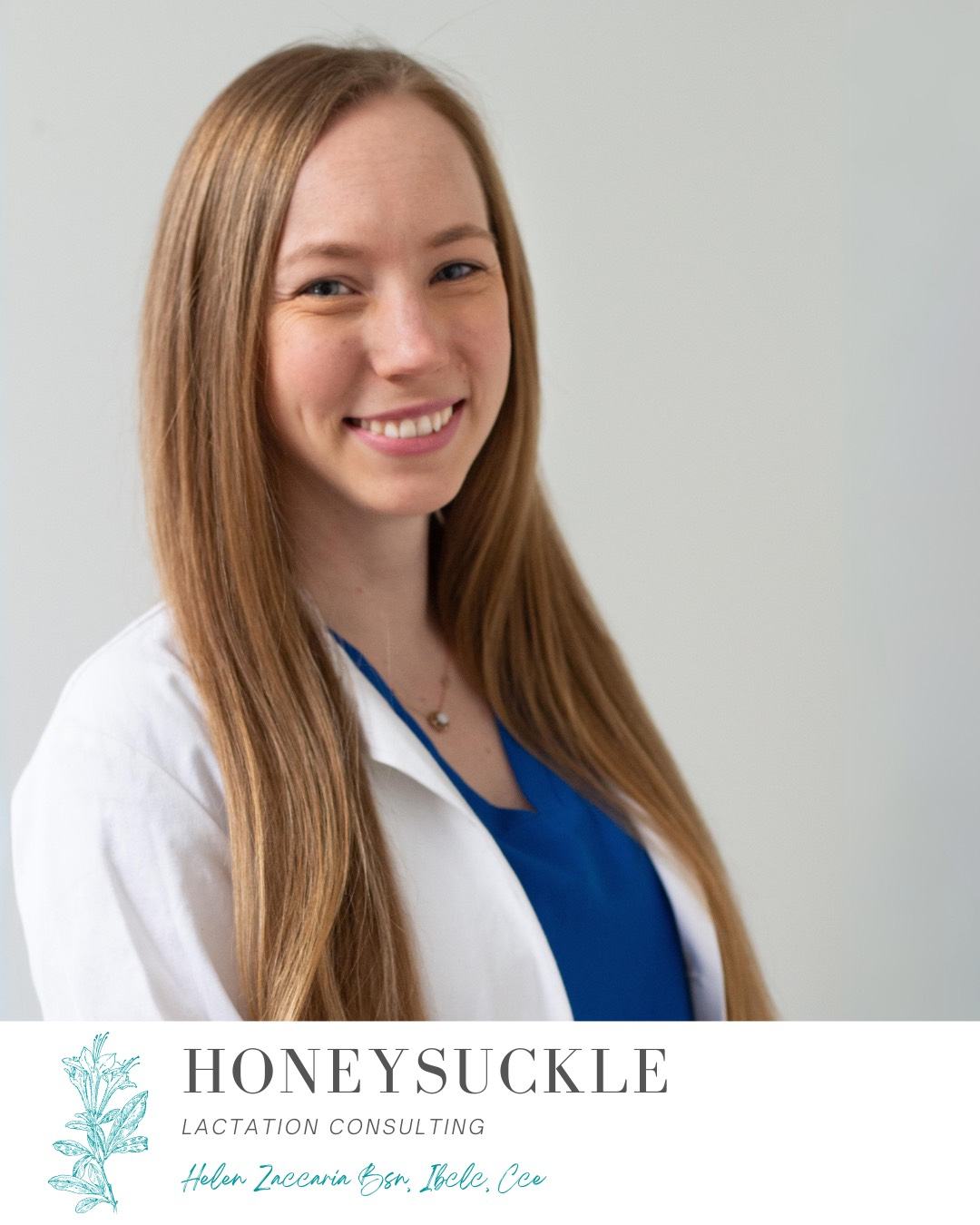 Smiling woman in blue top and white cardigan beside HoneySuckle logo on light background