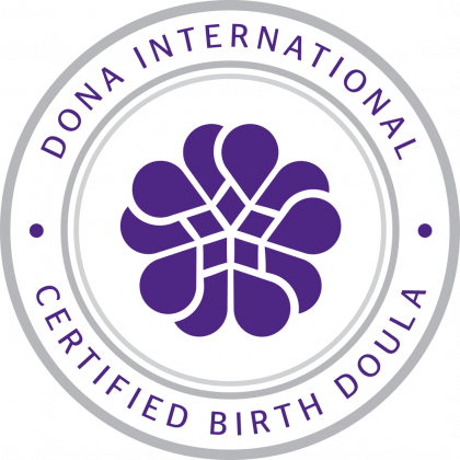 Dona International Certified Birth Doula logo in purple and gray