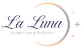 La Luna Counseling & Wellness logo in purple and peach with crescent moon and stars