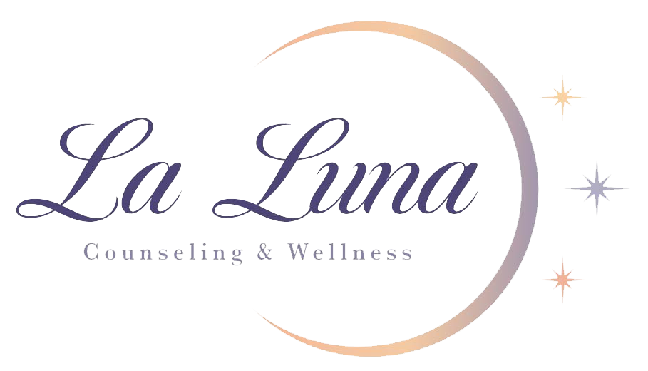 La Luna Counseling & Wellness logo in purple and peach with crescent moon and stars