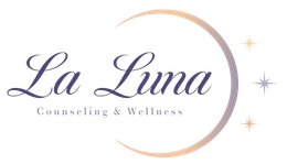 La Luna Counseling & Wellness logo in purple and peach with crescent moon and stars