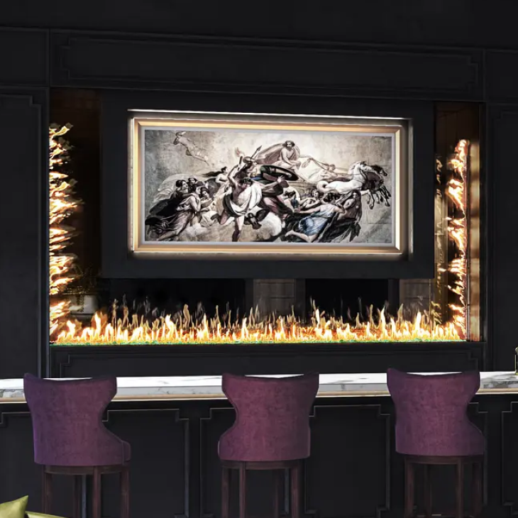 A fireplace with a painting on the wall above it