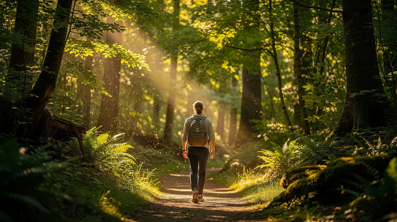 Person walking on a sunlit forest path with green trees and golden light rays