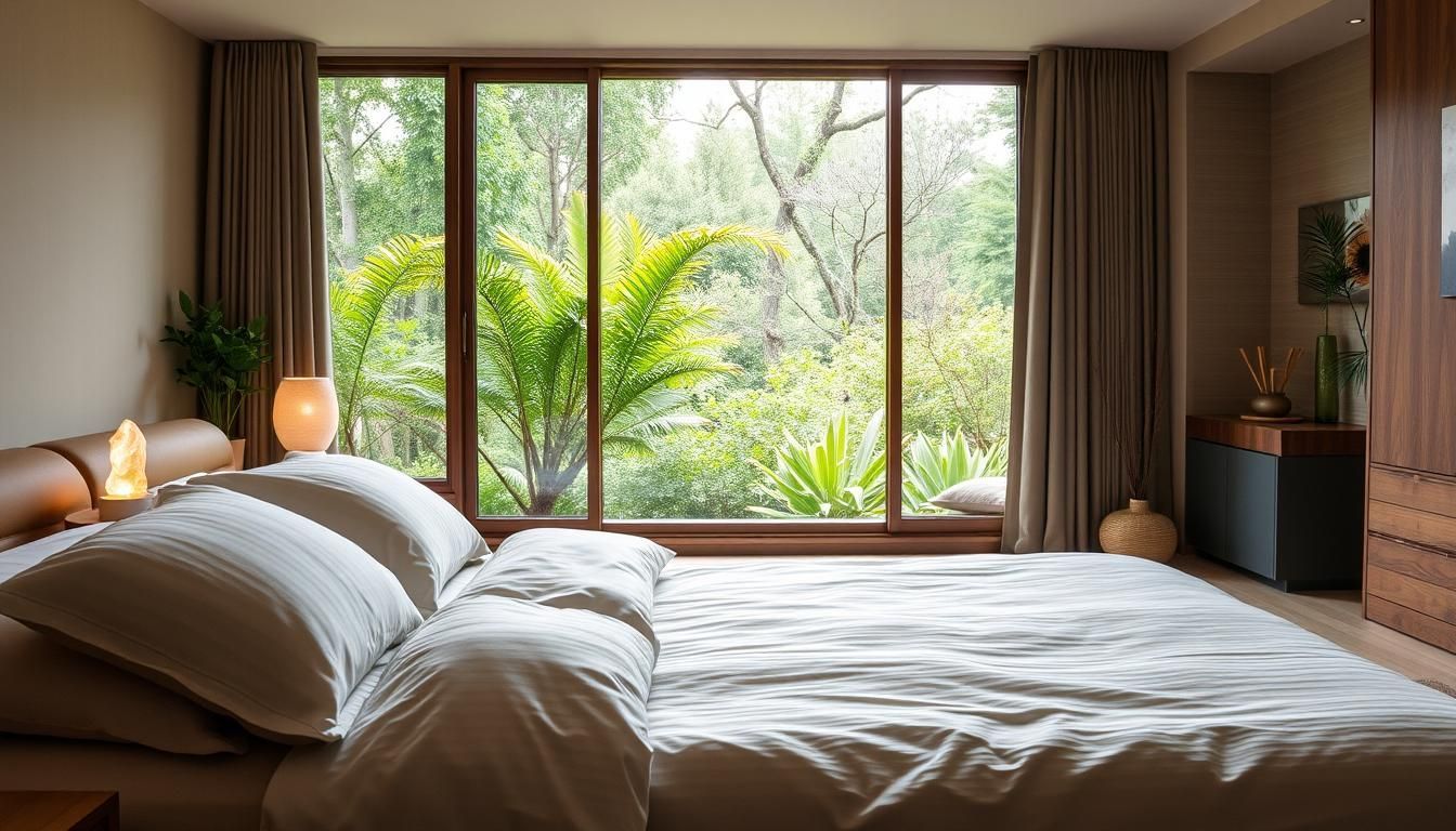 Bedroom with large window overlooking lush greenery; bed with white bedding, curtains.