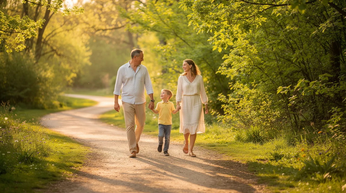 A family is walking together on a park trail, surrounded by lush green trees, enjoying a healthy lifestyle and engaging in physical activity that promotes overall well-being. This scene reflects the importance of outdoor wellness activities that can enhance mental health and reduce stress.