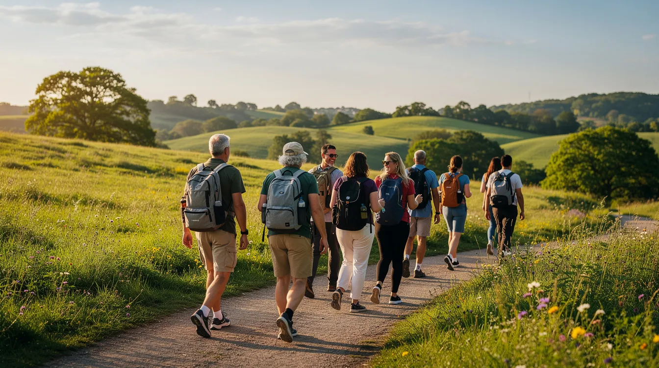 A diverse group of people walks together on a sunlit trail through lush green countryside, symbolizing the importance of community and support in addressing mental health challenges, such as treatment resistant depression. Their shared journey reflects the need for innovative approaches and personalized treatment plans to improve treatment outcomes for individuals facing persistent depression symptoms.