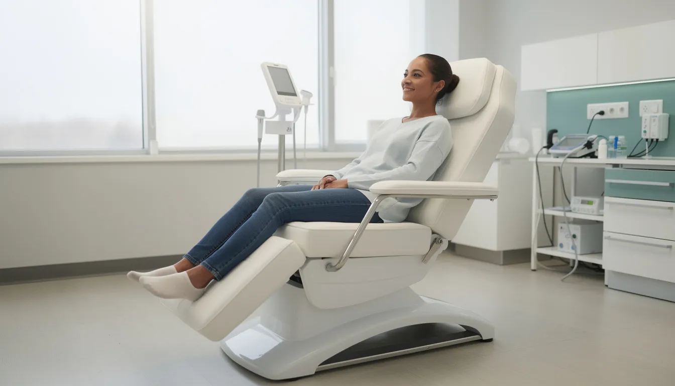 Woman reclining in a medical chair, smiling. Light-filled room with medical equipment and window.
