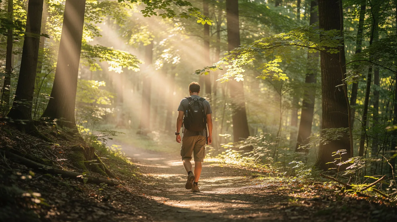 A person is walking along a serene wooded trail, with sunlight filtering through the trees, promoting a healthy lifestyle and emotional well-being. This outdoor activity encourages physical health and helps reduce stress, contributing to overall wellness.