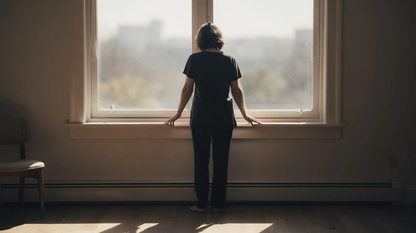 Person stands by a large window in a dim room, looking out into bright daylight.