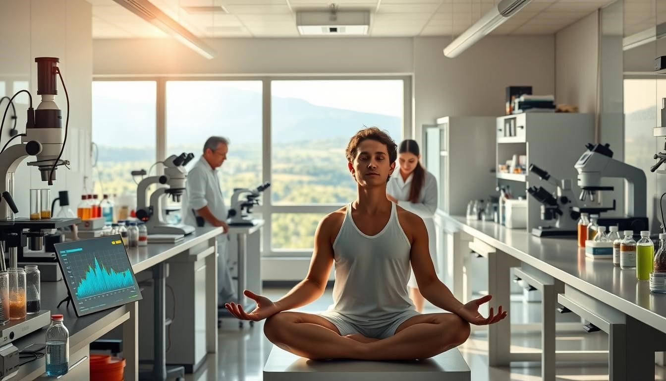 Person meditating in a lab with scientists, mountains visible through the window.