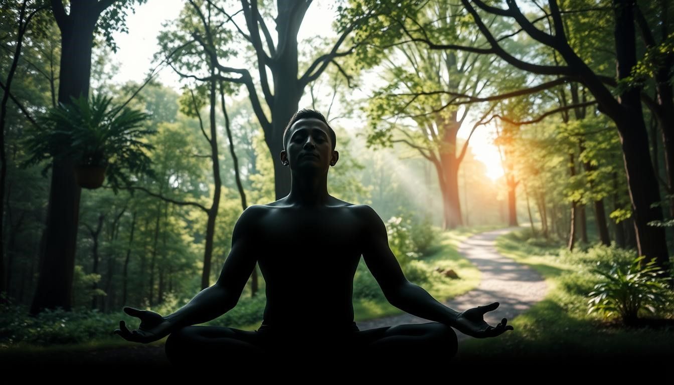 Silhouette of person meditating in forest, sunlight, path in background.