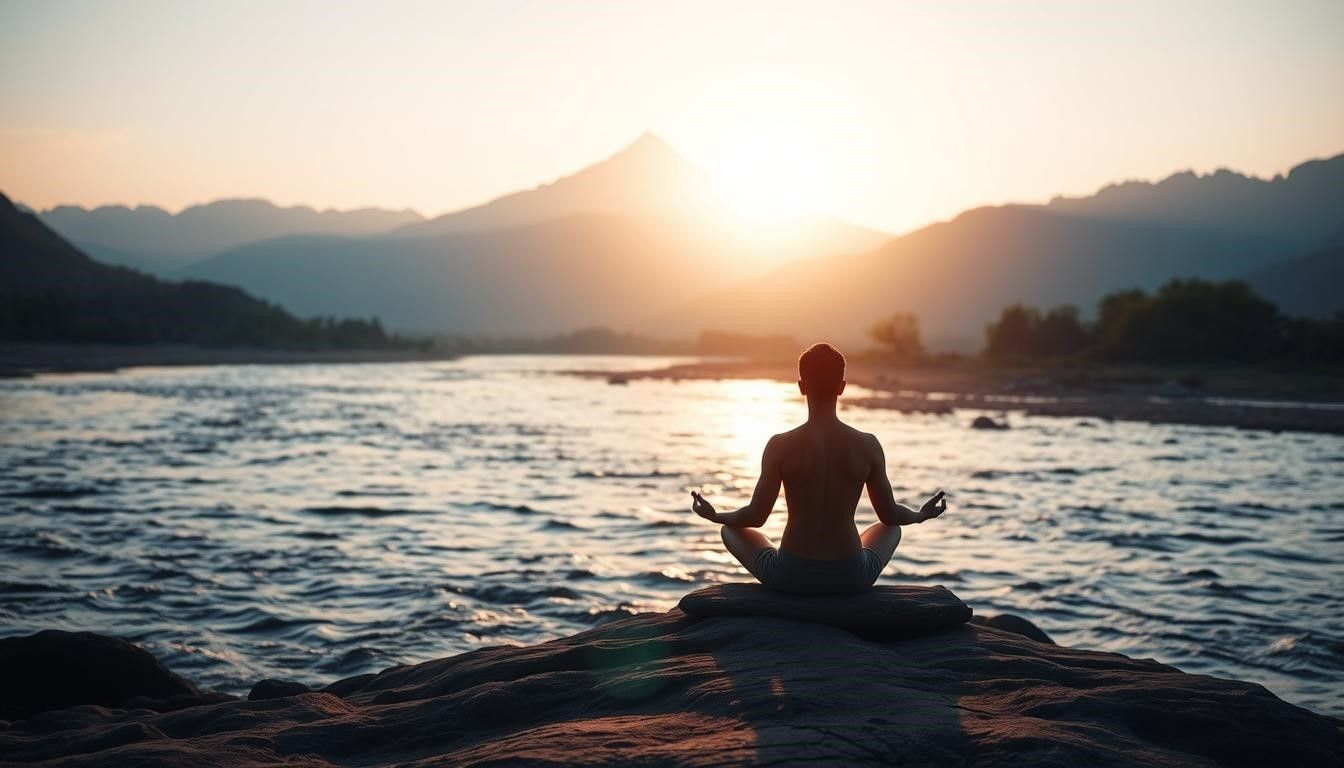 Person meditating by a river at sunset, mountains in the background, hands in prayer pose, golden light.