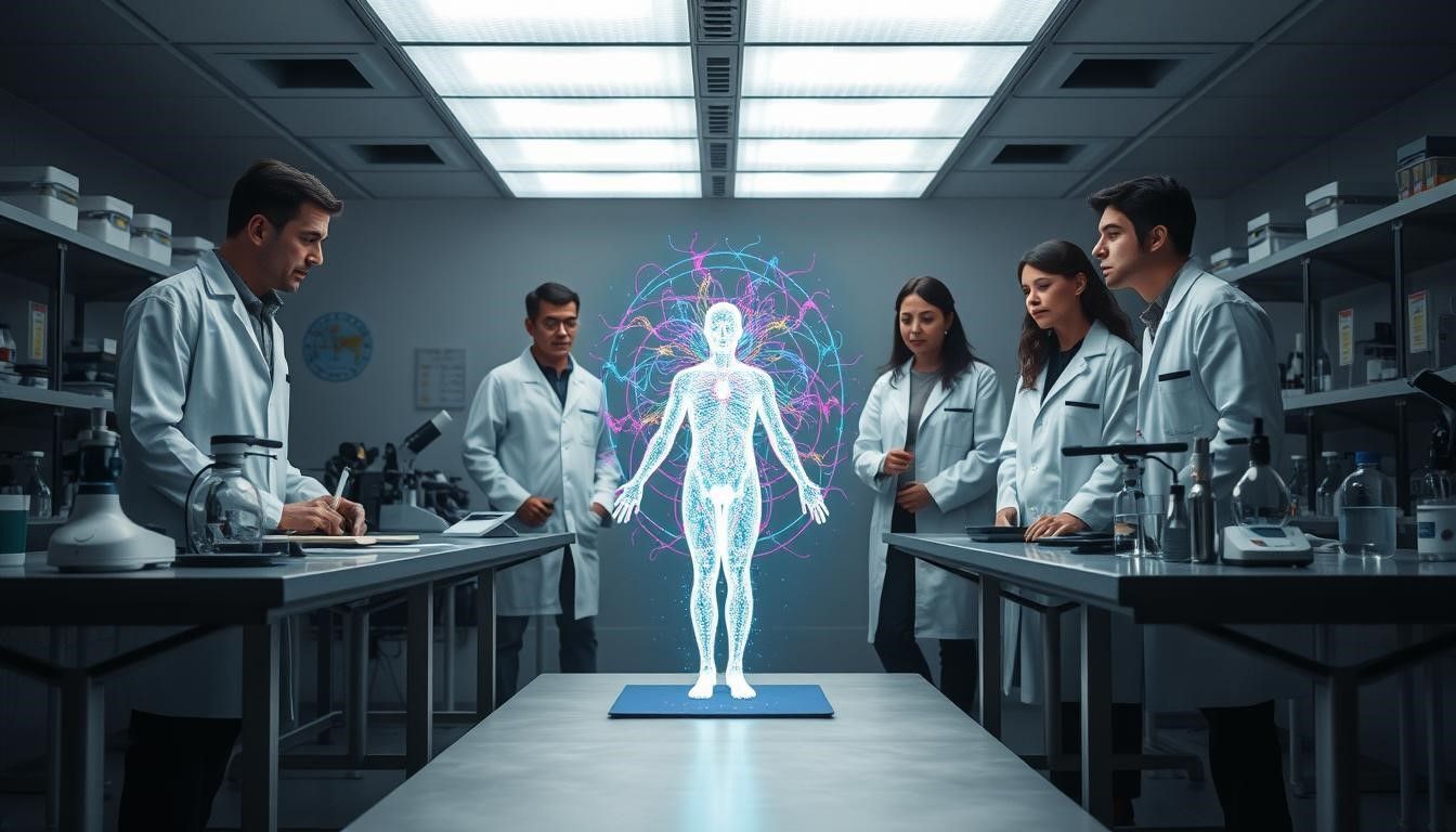 Scientists in lab coats observing a holographic human figure in a lab setting.