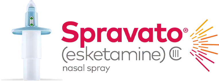 Spravato (esketamine) nasal spray. The logo features a nasal spray device and text with a burst design.